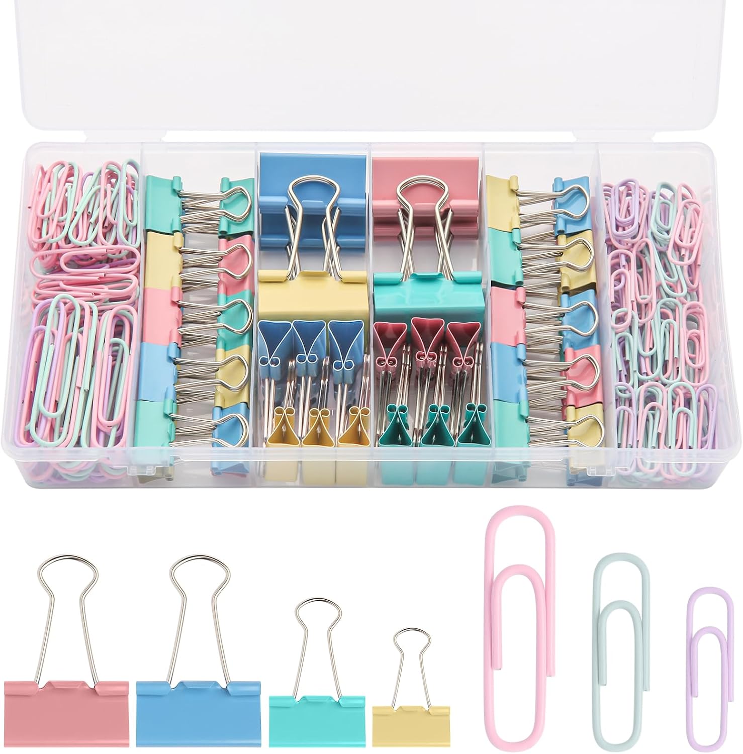 Compartment case of 240 pastel paper clips and binder clips in multiple sizes