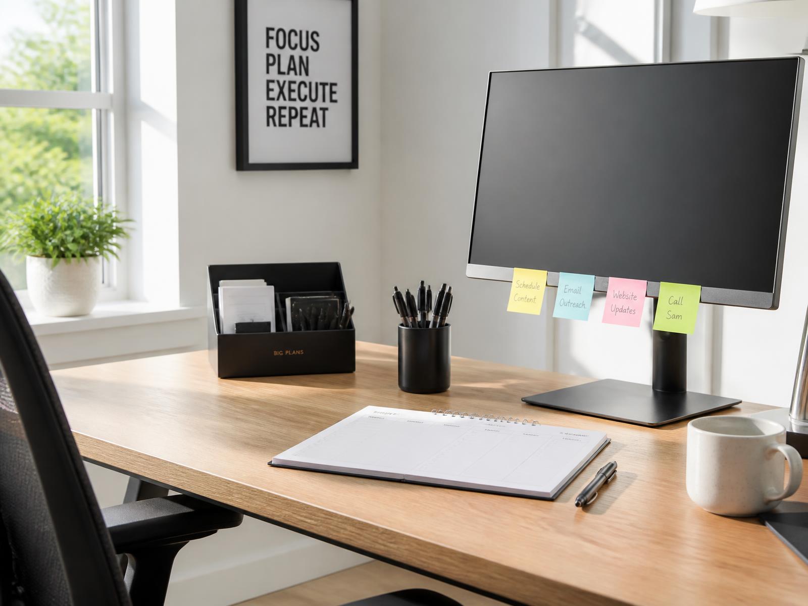 A calm, organized desk with planning tools, pens and a memo board