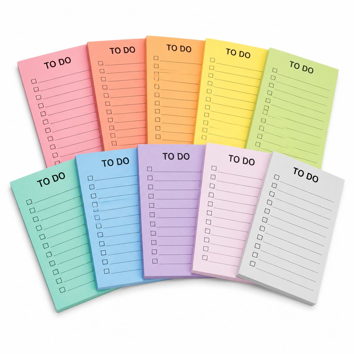 Ten pads of lined to-do list sticky notes fanned out in ten colors